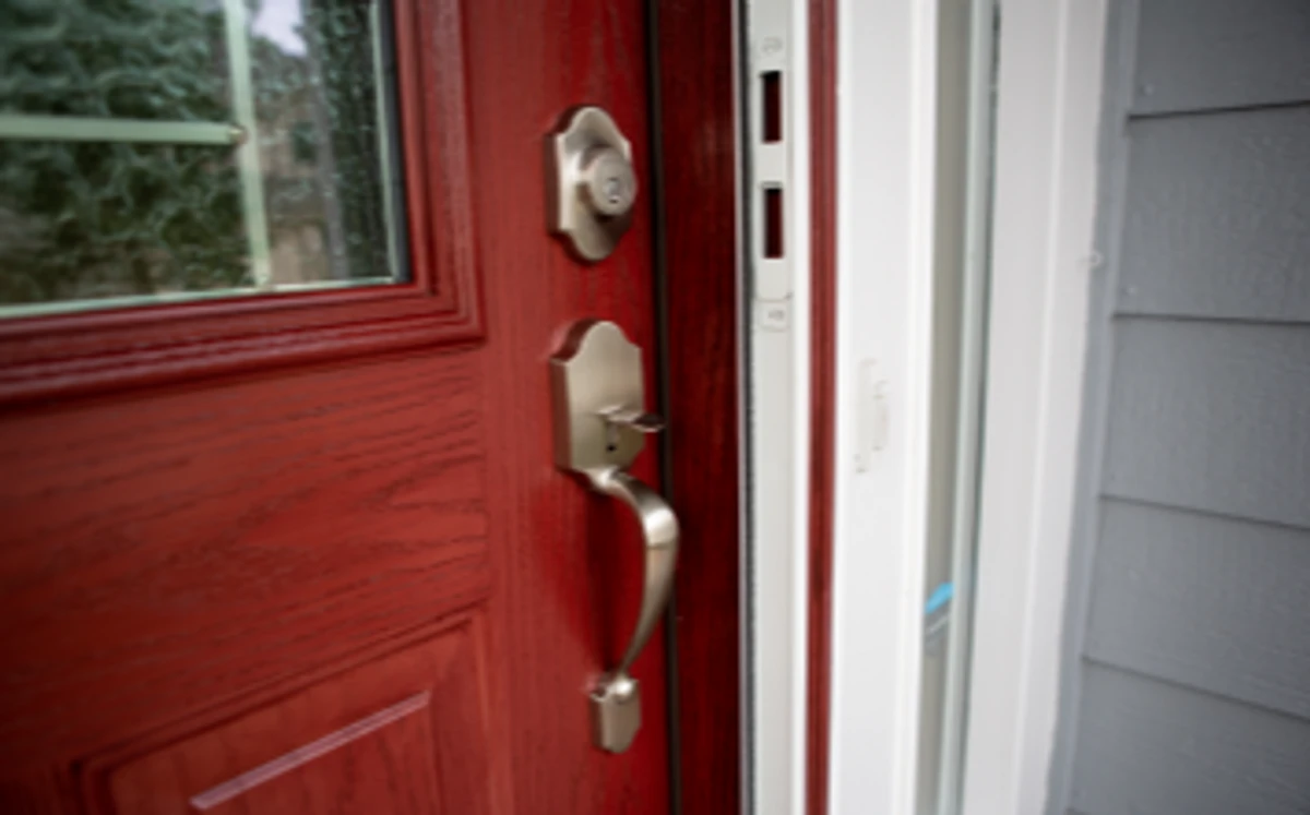 Close-up of door hardware.