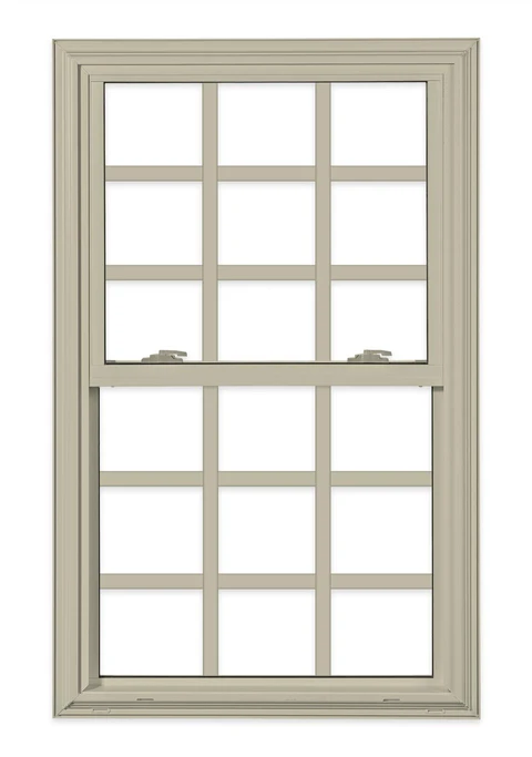 Tan Double-Hung window with Colonial grid pattern