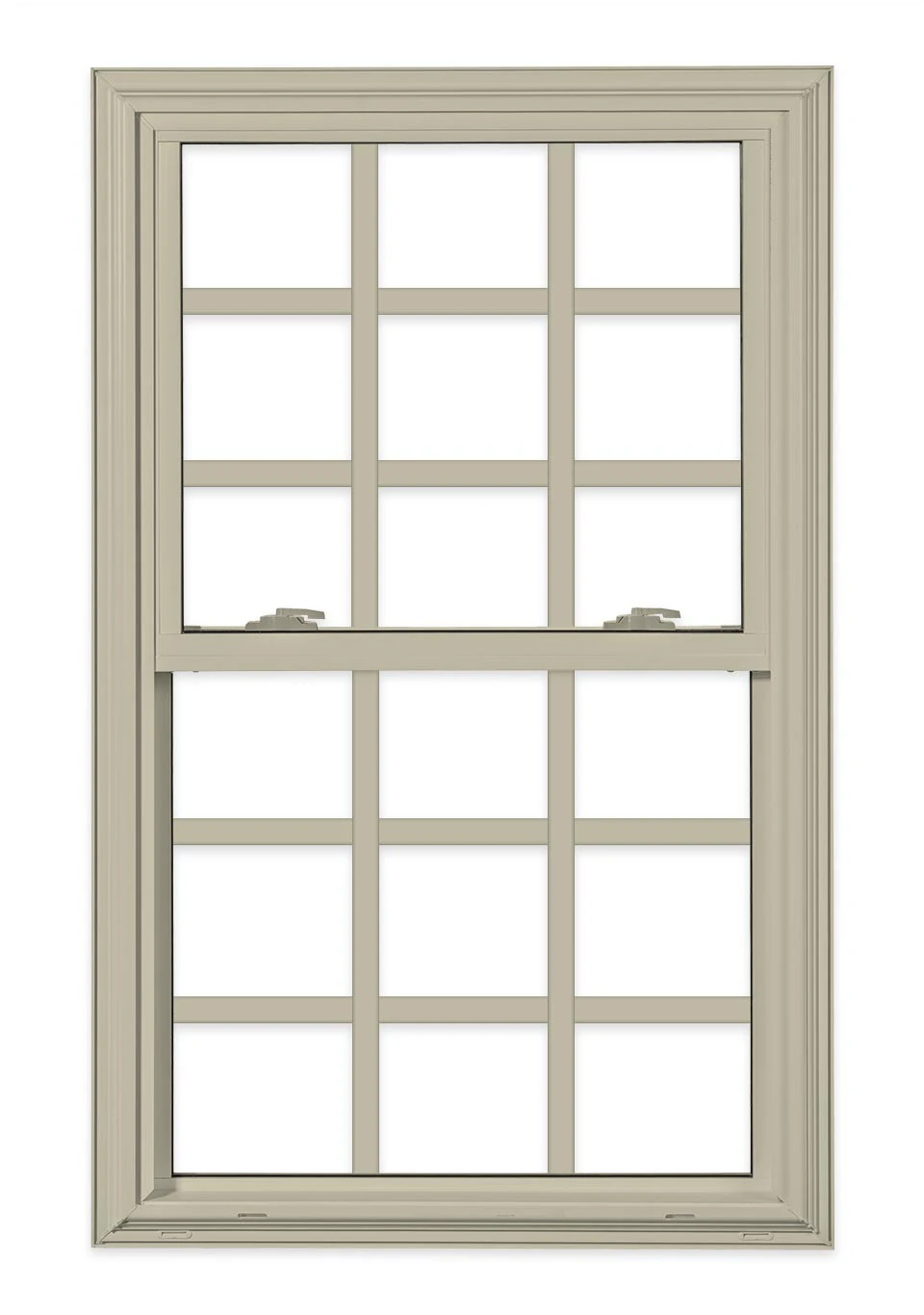 Tan Double-Hung window with Colonial grid pattern